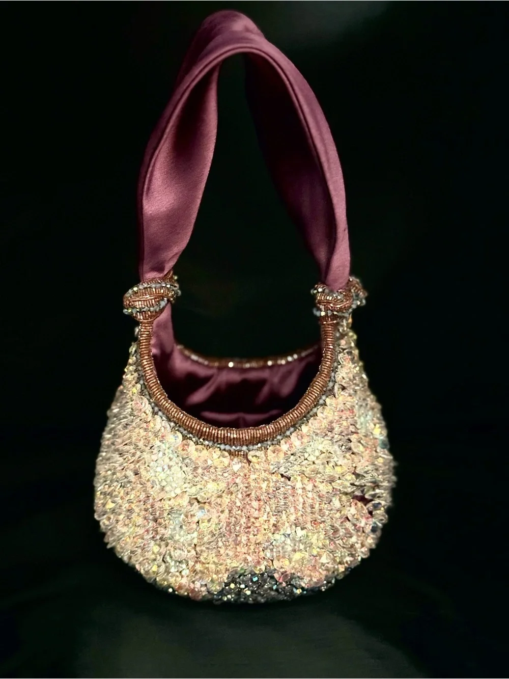 Vintage Swarovski Crystal-Embellished Evening Handbag with Plum Satin Sash Handl - Picture 3 of 8